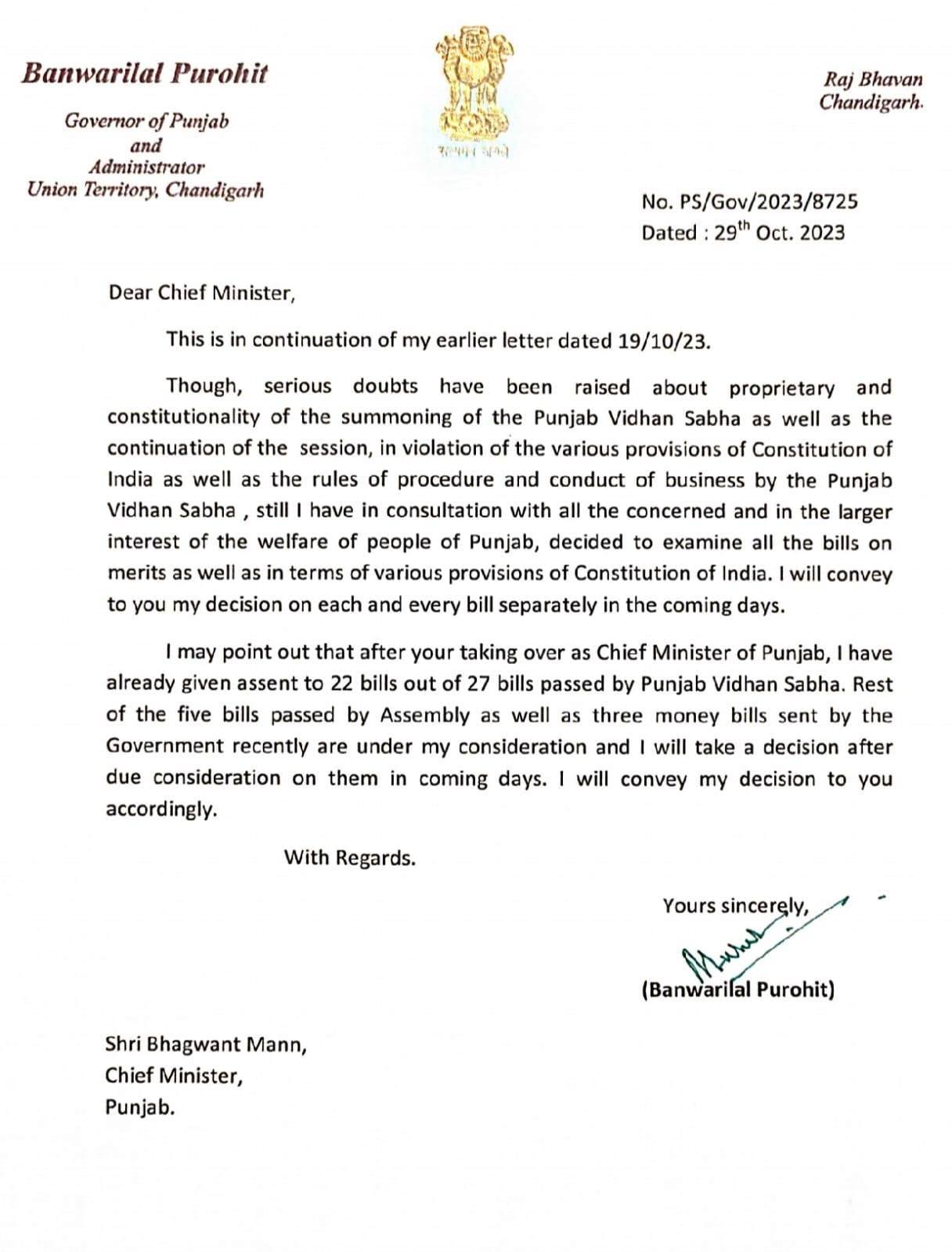 Governor Banwari lal purohit Letter before supreme court hearing