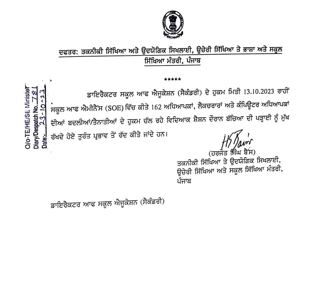 Punjab Teacher Transfer order cancle