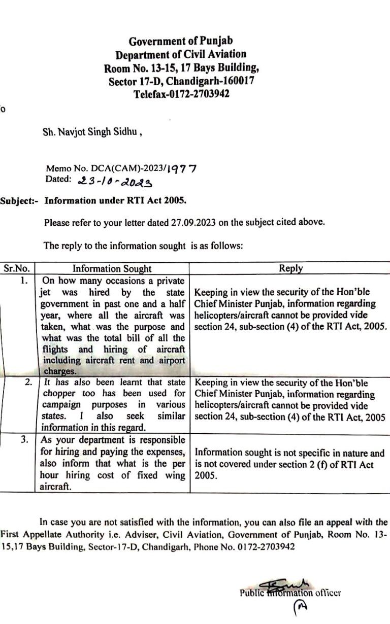Navjot Singh Sidhu RTI Reply