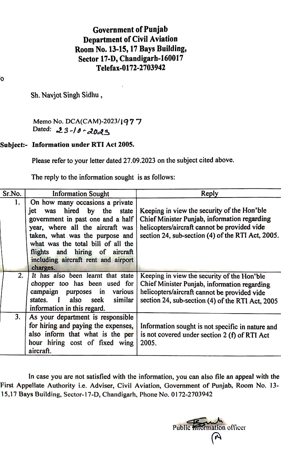 Navjot Singh Sidhu RTI Reply