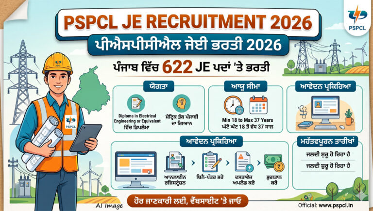 PSPCL JE Recruitment 2026 - Recruitment for 622 JE Posts in Punjab